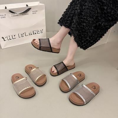 Модная обувь Женские тапочки Летние платформенные Пантофли Ажурные каблуки Шлепанцы Мягкие 2025 Плоские с круглым носком Женские летние туфли