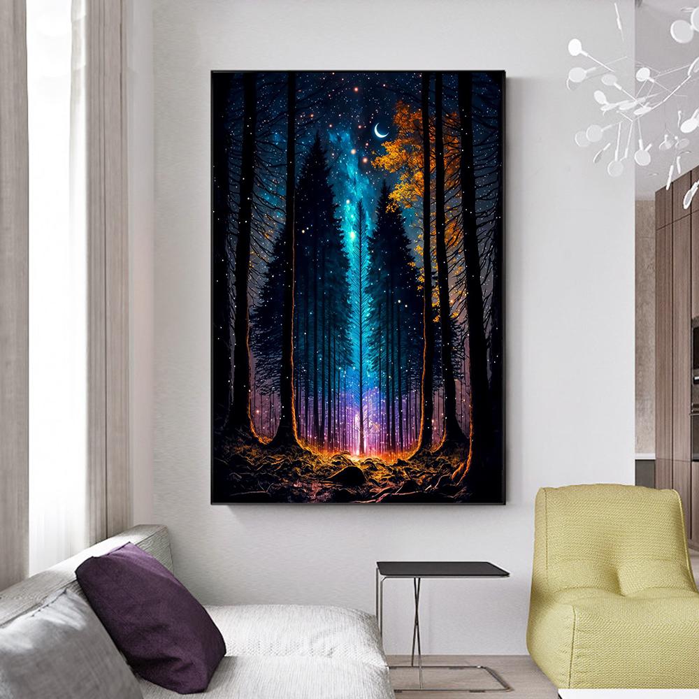 Fantasy Magic Midnight Painting Canvas Print Wall Art Poster Dreamy Forest Starry Picture for Living Room Home Decor Cuadros
