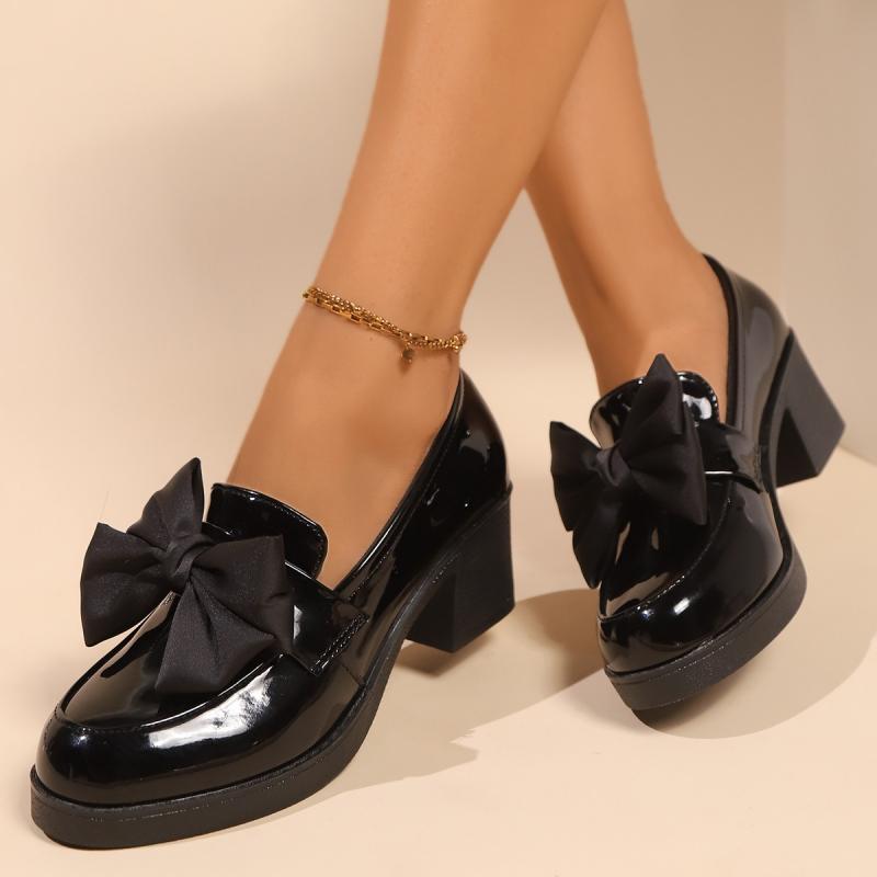 Bowknot Decoration Black Patent Leather Loafers Women 2025 Summer Round Toe High Heel Pumps Elegant Office Dress Slip On Shoes