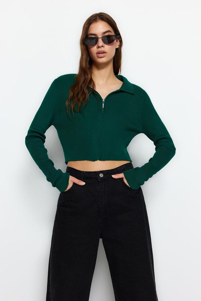 Женский элегантный кардиган Изумрудно-зеленый укороченный трикотаж на молнии кардиган