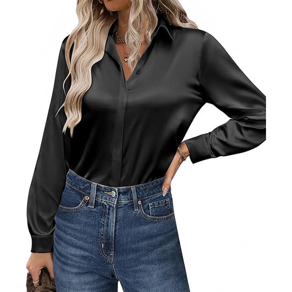 Атласные блузки для женщин, повседневные шелковые рубашки с длинным рукавом, нарядные деловые туники для работы, топы