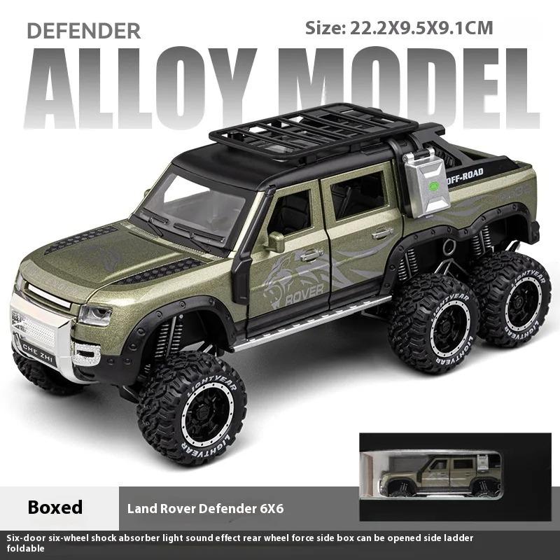Игрушечная машина 1/24 Land Rover Defender Six Wheels Off Road Pickup Car Model, литой коллекционный грузовик с инерционным механизмом со звуком и огнями для детей и взрослых
