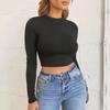 2024 Autumn Women's Solid Color Sexy Navel-Baring Long-Sleeve Half-High Collar T-Shirt