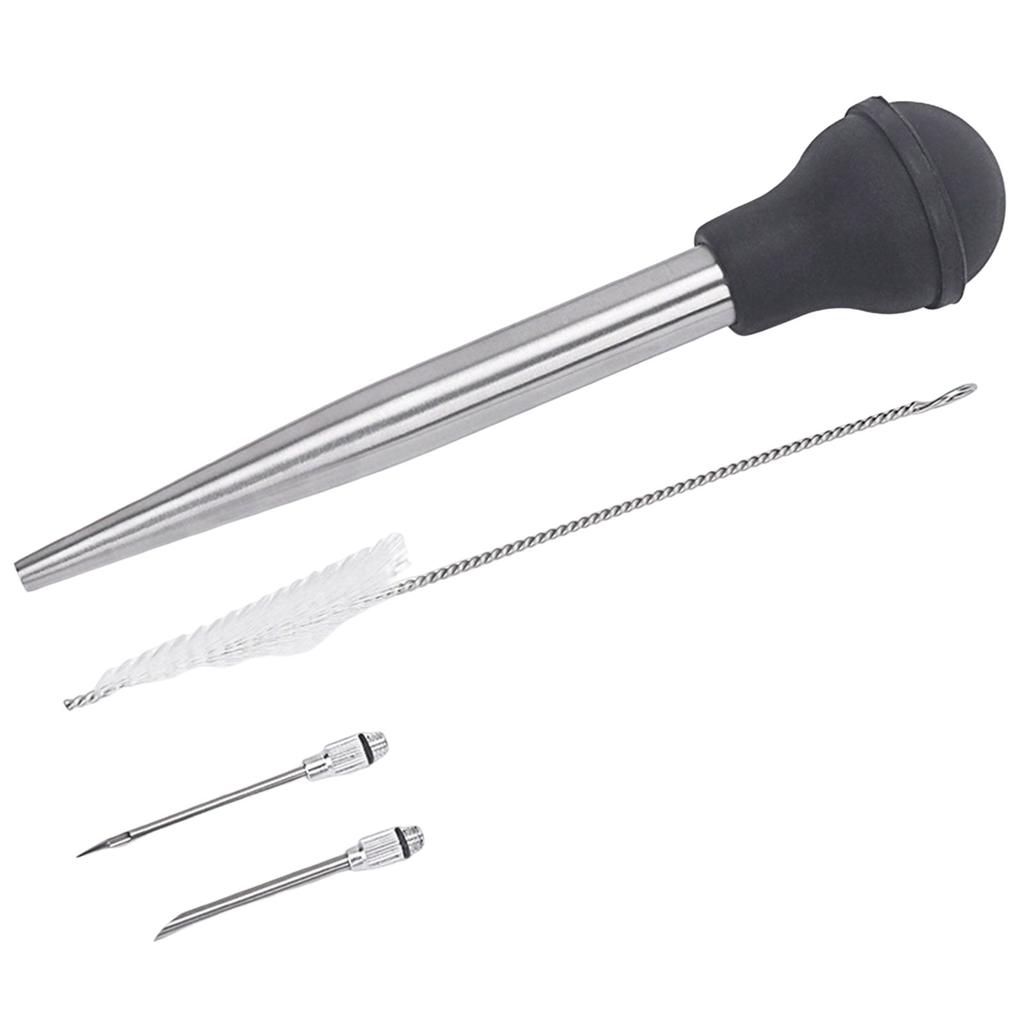 Turkey Injector with Silicone Pump and 304 Stainless Steel Dual Needles Cleaning Brush Set for Cooking BBQ