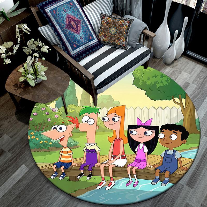 Phineas and Ferb Round Area Rug,Carpet Rug for Living Room Bedroom Sofa Playroom Decor,Non-slip Floor Mat