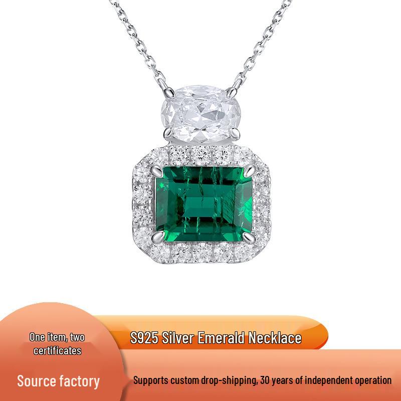 Серебряное ожерелье Zhou Hengfu из стерлингового серебра S925 с подвеской из изумруда и цепочкой с акцентами из бриллиантов - Высококачественный модный нишевый дизайн, В наличии