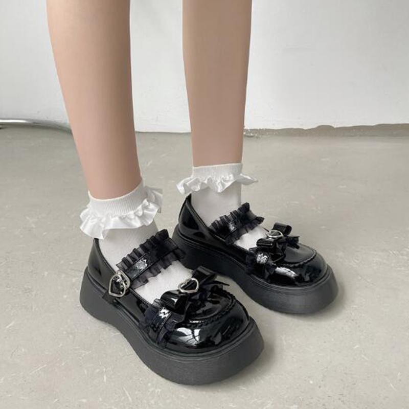 Милые туфли в стиле Лолиты, женские туфли Мэри Джейн на платформе с пряжкой в ​​форме сердца, милые нескользящие туфли JK на толстой подошве