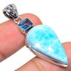 Natural Republic Larimar,Blue Topaz 925 Solid Sterling Silver Pendant 1.89" w2J01