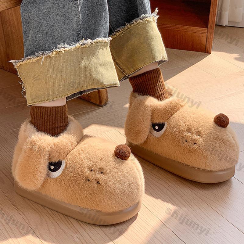 Women Winter New Cute Cartoon Dog Warm Slippers Winter Outdoor Platform Soft Plush Cotton Shoes Couples Indoor Fluffy Snow Boots