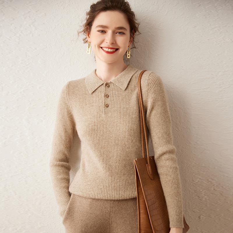 Women's Cashmere Polo Collar Sweater - Autumn/Winter Style with Button Detail