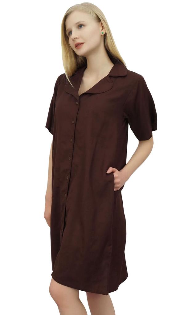 Bimba Women's Nightwear Beige Shirt Short Sleeve Dress With Pockets