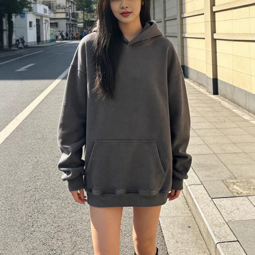 Women's Heavyweight Washed Hooded Sweatshirt, Loose Fit, Solid Color, No Drawstring, American Style, Long Sleeve, Versatile Base Layer
