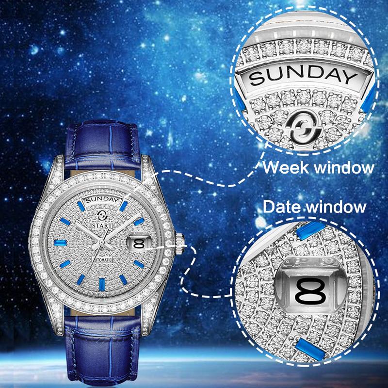 Start Мужские часы Gypsophila, официальные подлинные часы с бриллиантами, водонепроницаемые автоматические механические часы, функция даты и недели