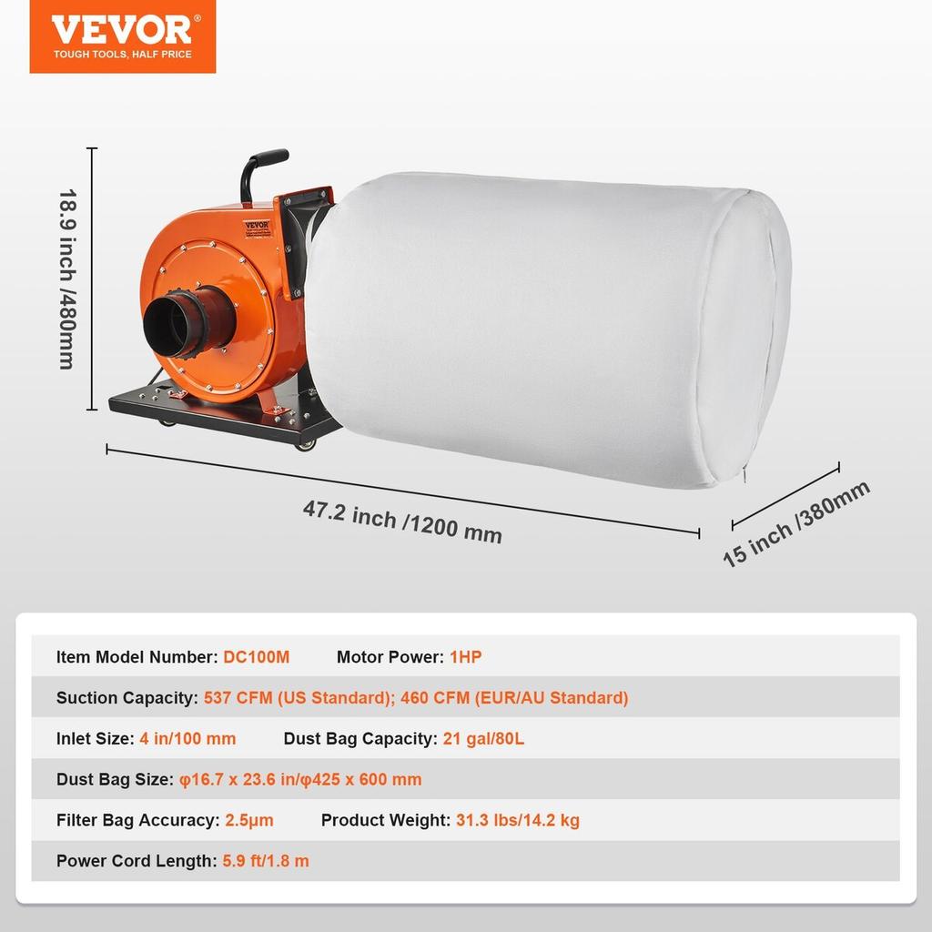 Dust Collector, 1HP 460 CFM Air Flow, Rolling Dust Collector with 21-Gallon Dust Collection Bag, 2.5 Micron Bag Filtration, Industrial Workshop Mobile