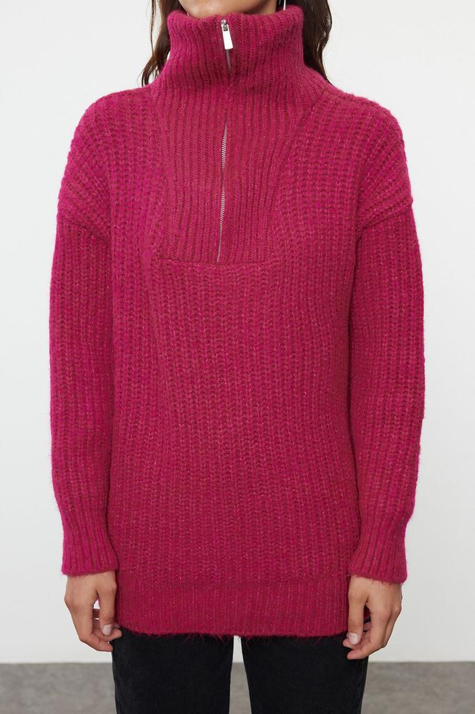Women's Elegance Style Sweater Fuchsia Soft Textured High Collar Knitwear Sweater