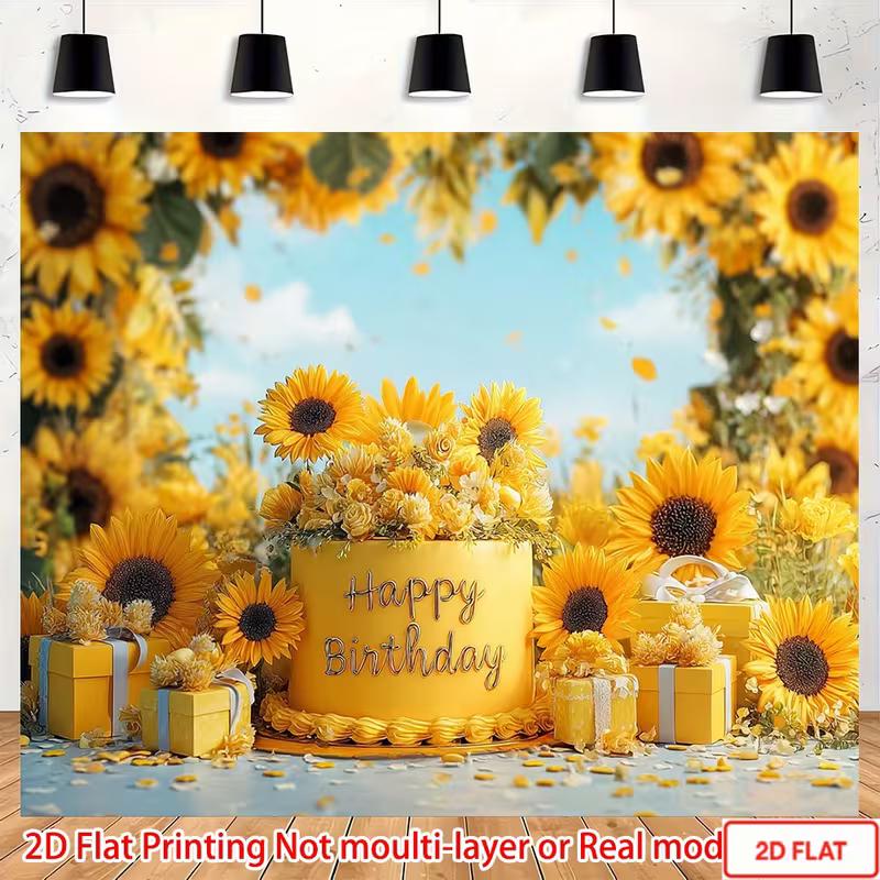 2D Cheerful Sunflower and Cake Backdrop Photo Booth Background for Kids' and Adult Shoots