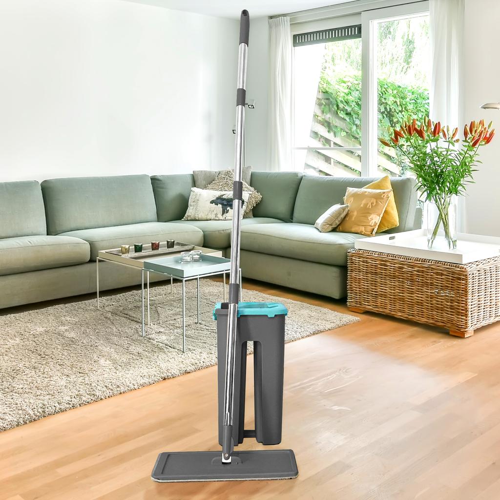 Extra Flat Mop with Wringer Bucket 4 Reusable Microfiber Mops