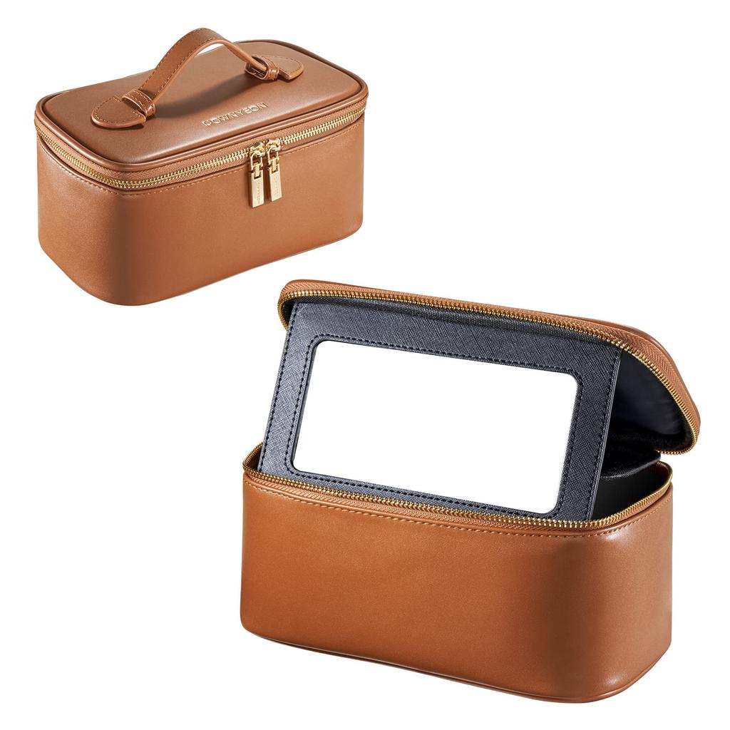 Rownyeon Large Capacity Makeup with Vanity with Brush for Makeup Tools Pouch, Portable, Divided, Mirror, Pouch, Pocket, Travel-Friendly, Waterproof,