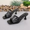 Fashion Large Size Women's High Heel Sandals Rivet Pearl Strap Thin Heel Square Head Toe Exposure Fashionable Slippers