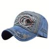 1pc, Vintage Baseball Cap, Denim Embroidered Shark 100% Cotton Trucker Hat, Retro Frayed Edge Sunhat Outdoor Cap
