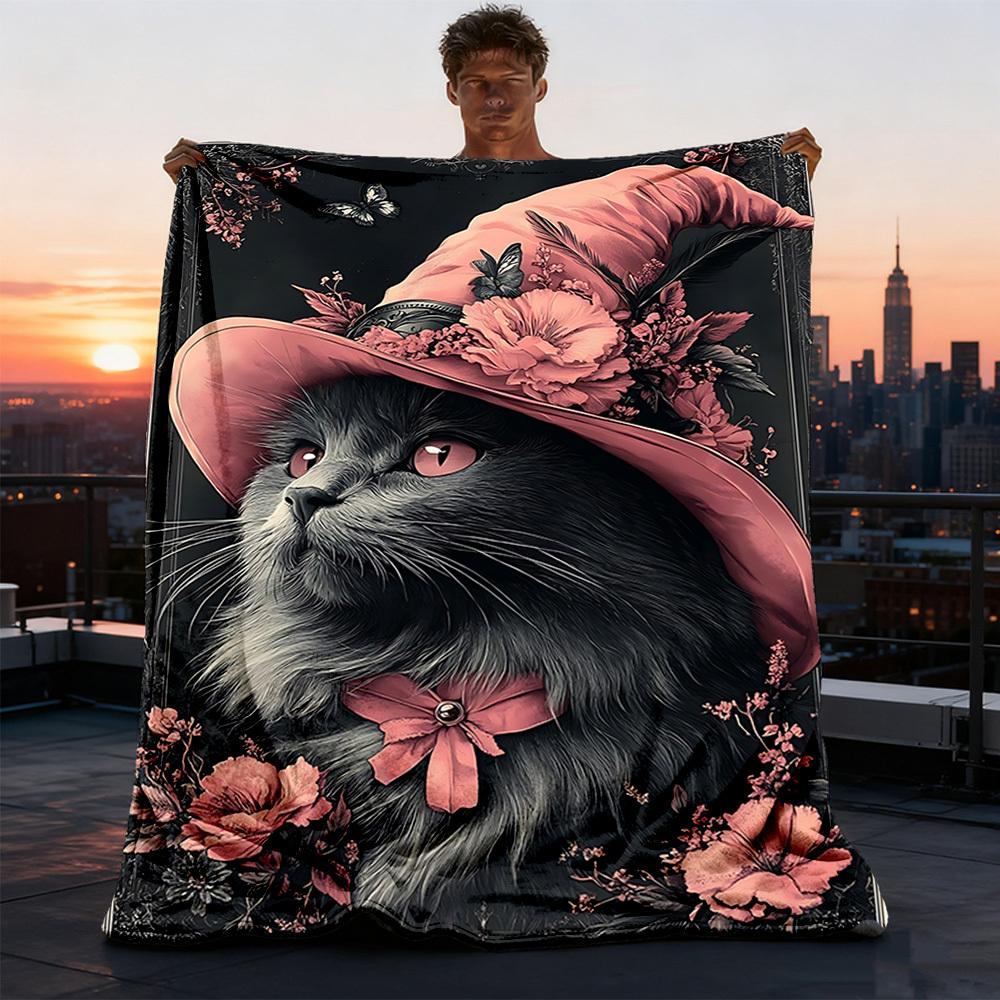1pc Cat Hat Floral Throw Blanket Polyester Fiber, Lightweight Flannel, Soft & Warm, All Season Use for Outdoor, Camping Digital Print