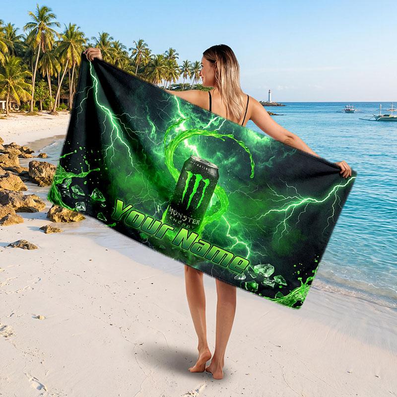 Пляжное полотенце Monster Energy с индивидуальным текстом имени, Мягкое впитывающее полотенце для пляжа, бассейна, путешествий, Персональный подарок