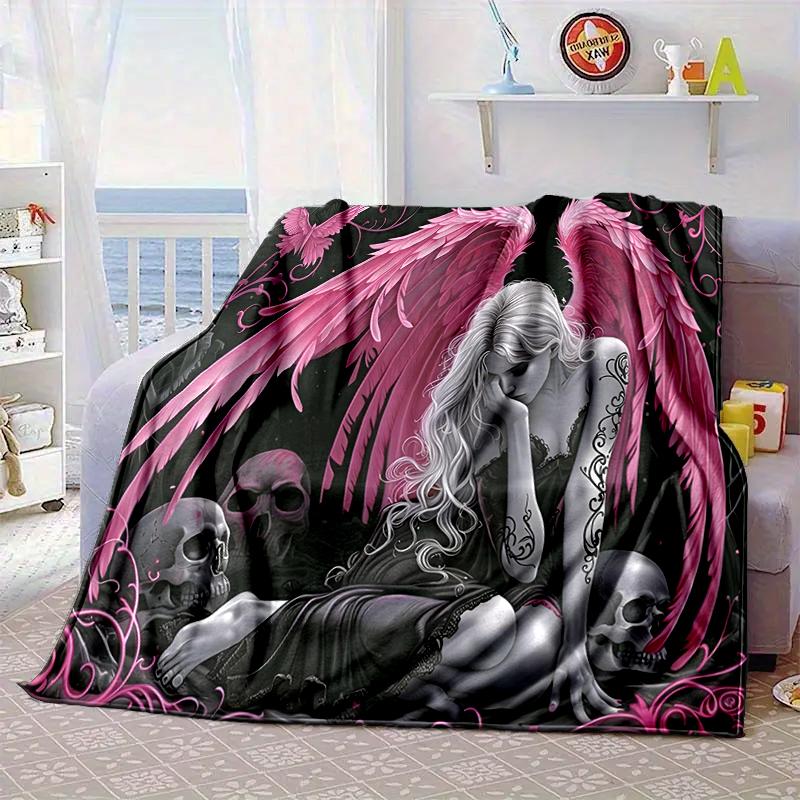 Ethereal pink Angelic skull Blanket Flannel Blanket for bed, sofa, Camping, Hiking, Picnic Essentials, gift for family Fan gifts