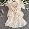 Autumn Luxury Floral Embroidery Mesh Lace Party Dress Women Elegant Beige Puff Sleeve Pearls Belt Beading Ruffles Midi Vestido