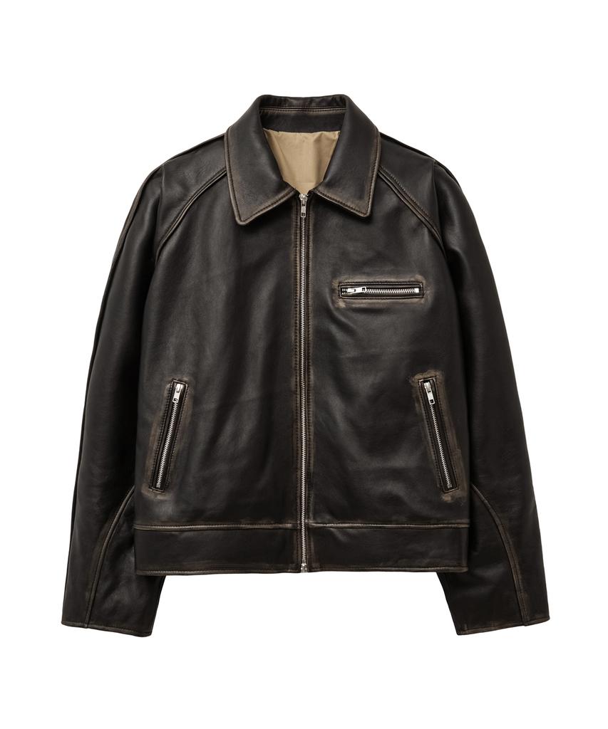 Sperone [Real Leather] Vintage Washed Stand Collar Jacket (Brown)