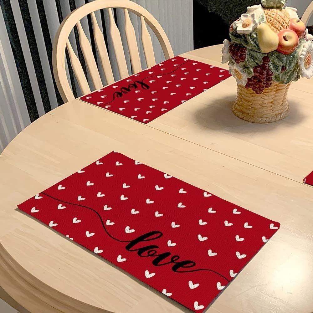 4Pcs 30x45cm Red Love Hearts Table Mats Linen Dining Table Mat Farmhouse Burlap Placemat  Kitchen