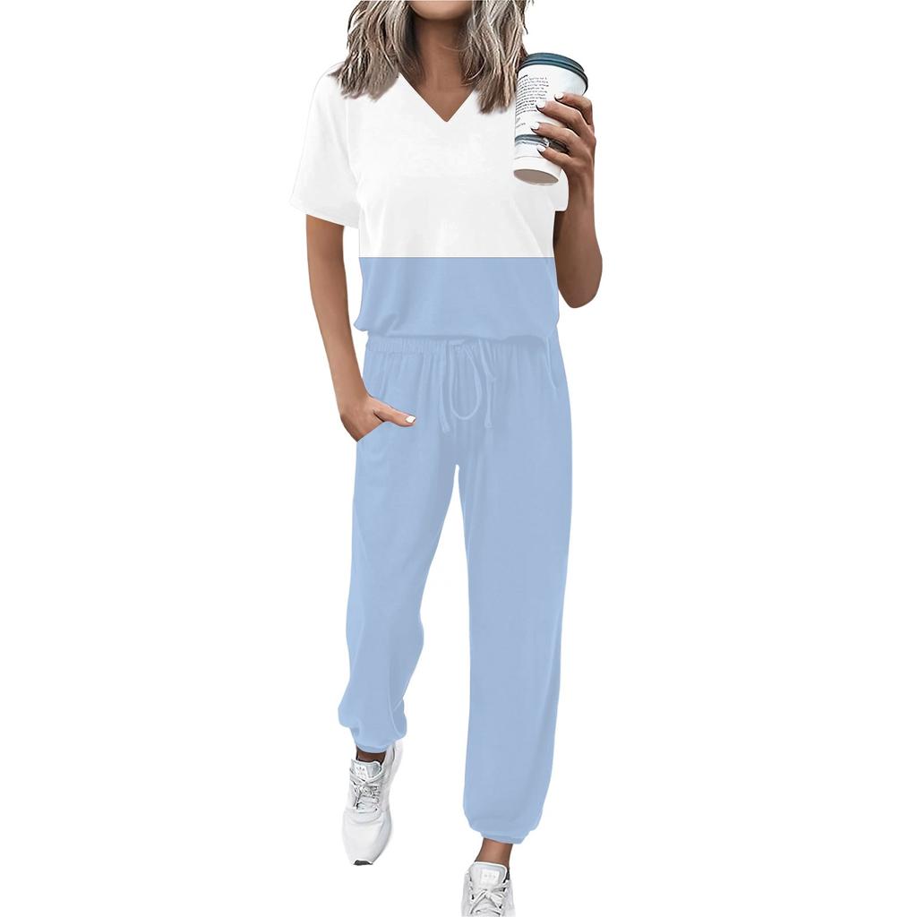 Женский спортивный костюм с V-образным вырезом и коротким рукавом, свободные брюки
