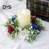 2Pcs Patriotic Artificial Wreath Candle Ring Independence Day Pillar Candle Holder Red White Blue Flower Garland 4th of July Centerpiece Decoration