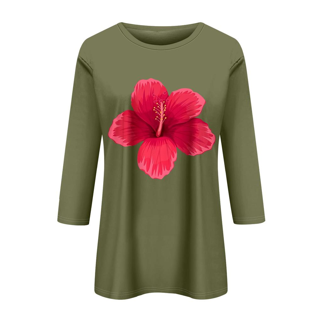 Women's Fashion Casual Printed Seven Sleeve Round Neck Top