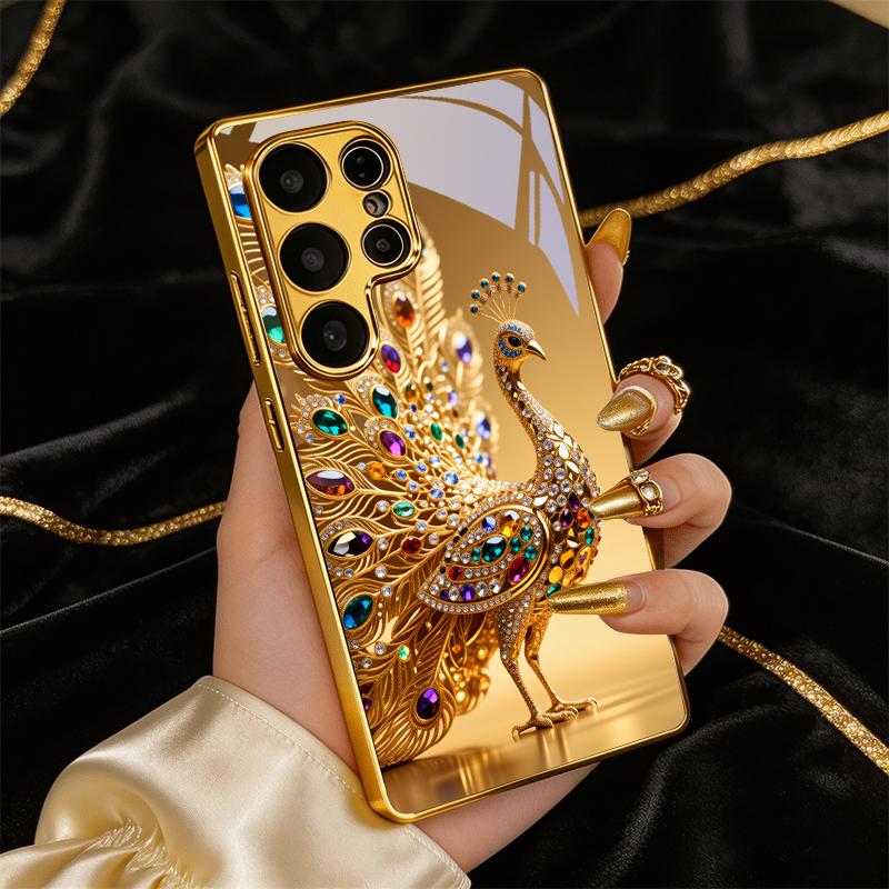 Золотой Чехол Для Телефона С Павлином и Стразами Для Samsung A50 A51 A52 A53 A54 A55 A56 A57 A71 A72 A73 A31 A32 A34 A36 A37 A30s Стеклянная Крышка