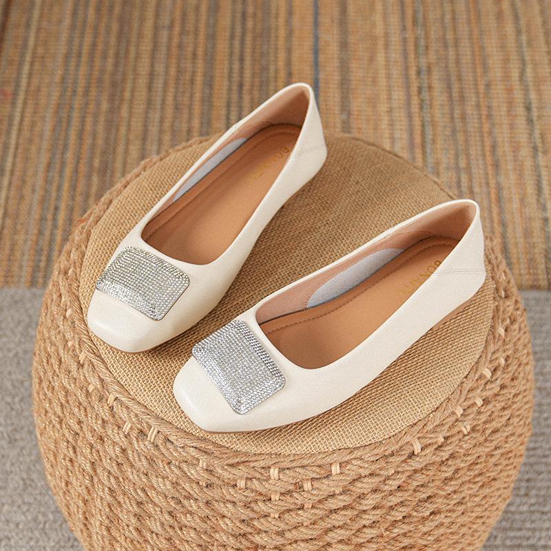 Женские туфли-балетки из натуральной кожи - Французский низкий вырез, Квадратный носок, Мягкая подошва, Большие размеры 41-43, Новинка 2025 Вечерний бриз