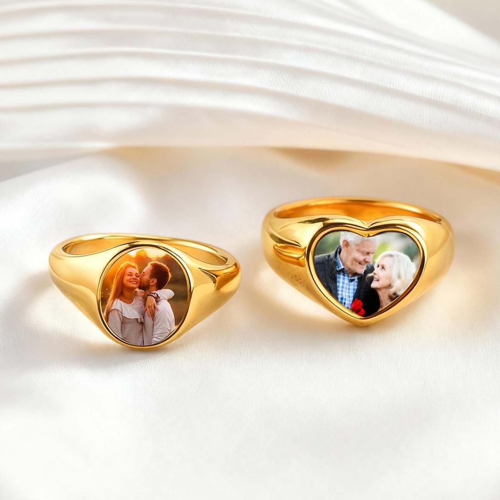 Stainless Steel Custom Photo Ring Gold Plated Heart Round Personalized Ring, Customized Memorial Jewelry for Women Mother Couple