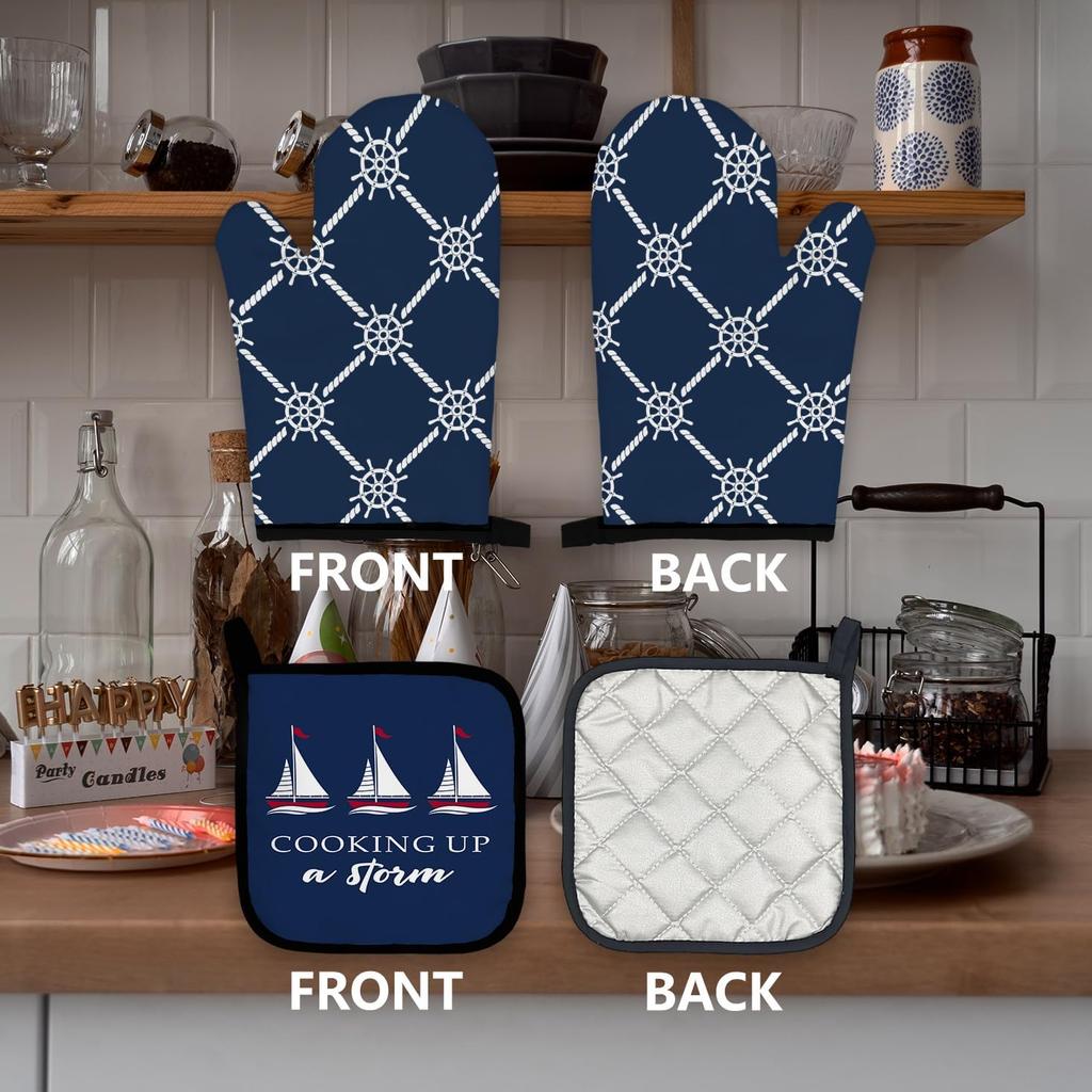 Navy Blue Nautical Boat Oven Mitts and Pot Holders Sets, Lake Beach House Gifts Oven Mitts, Cooking Up a Storm Navy Blue Over Mittens for Kitchen