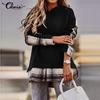 Celmia Autumn Women Plaid Long Sleeved Patchwork Casual Loose Hoodies Sweatshirts