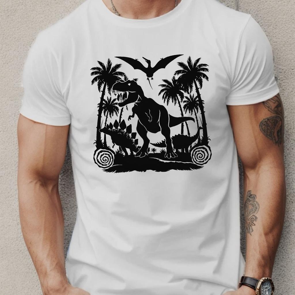 Dinosaur Palm Trees Graphic Tee Men Short Sleeve Crew Neck Casual Cotton T Shirt Summer