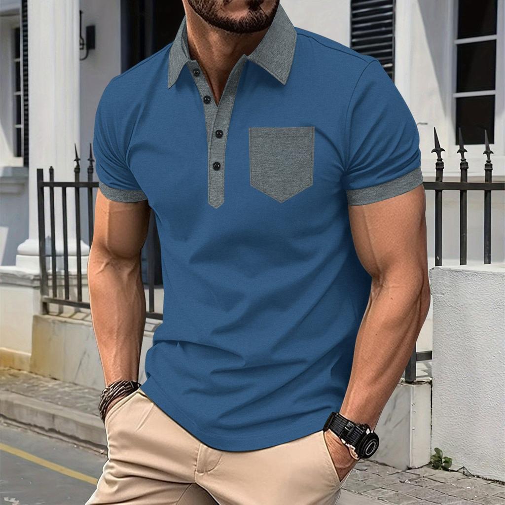 Men's Casual Polo Shirt Lapel Button Color Matching T-Shirt Top