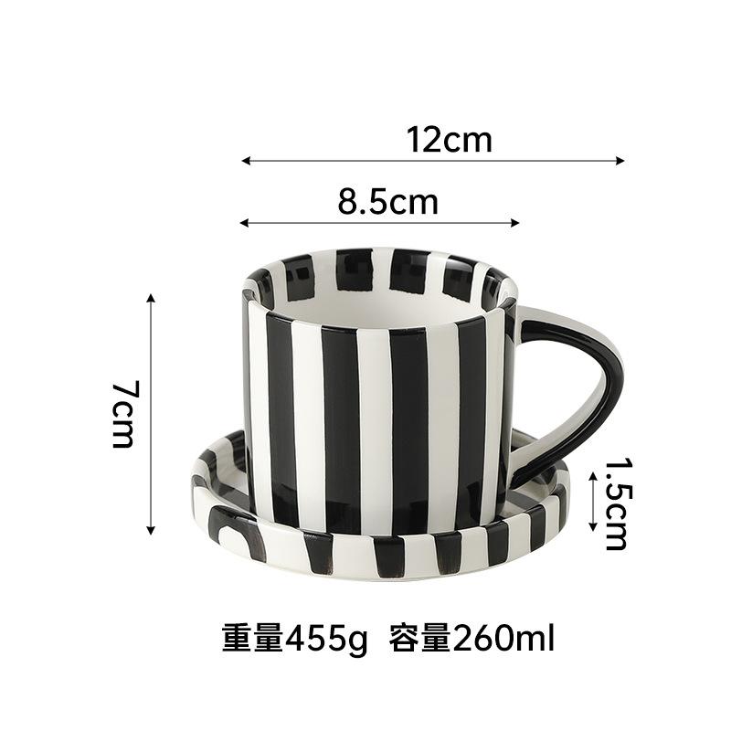 Минималистский набор из нарисованных вручную полосатых чашек и тарелок, керамическая чашка для кофе с молоком, чашка для послеобеденного чая объемом 280 мл/9,5 унций, домашний напиток
