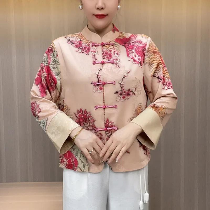 Этнический стиль стойка воротник пуговица китайский стиль длинный рукав модный пуловер женский топ