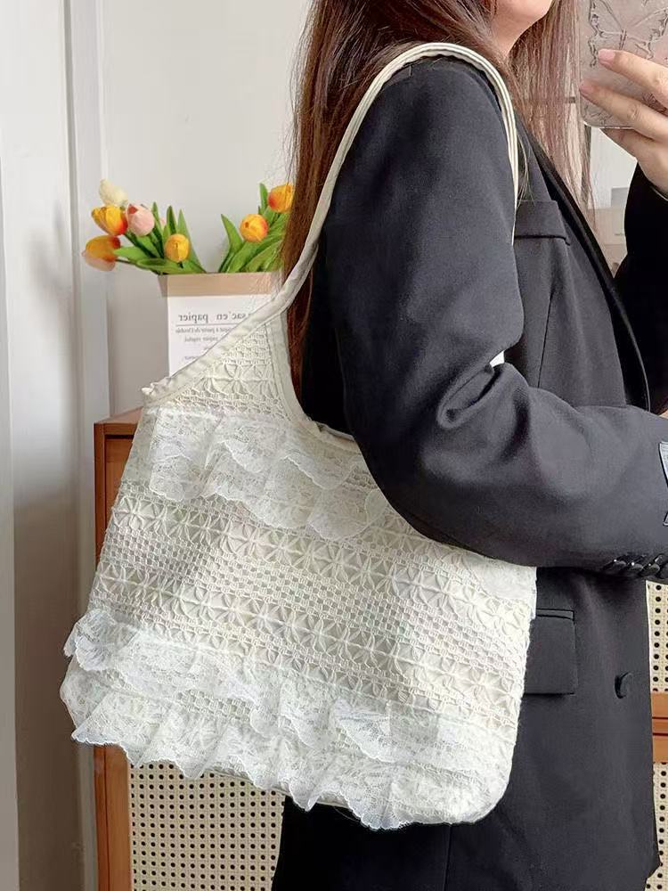 Lace Flowers Women Shoulder Bag Thin Polyester Ladies Shopping Handbags Solid Color Girs Book Bags Casual Female Travel Tote