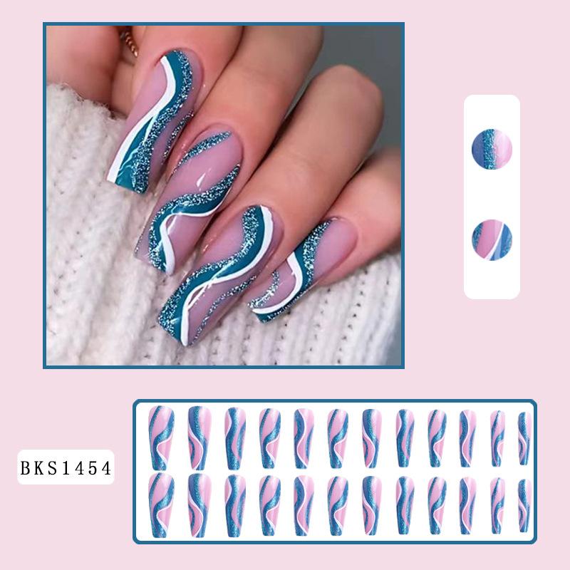 24PCS/SET Quick Nails Flower Diamond Manicure Long Ballet False Nails Waterproof Wearable Ready-made Nail Stickers