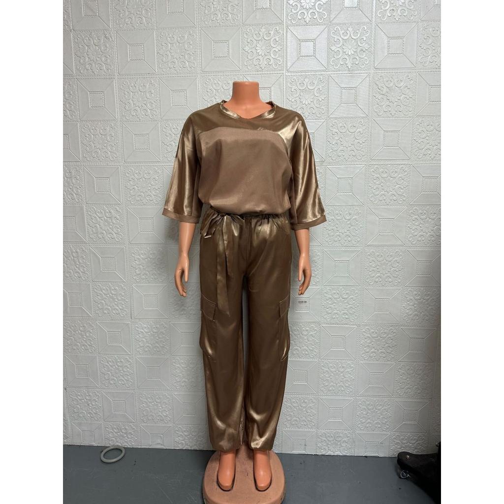 Женский комплект, однотонный комплект из гладкого атласа, топ с рукавами три четверти и брюки, комплект из двух предметов