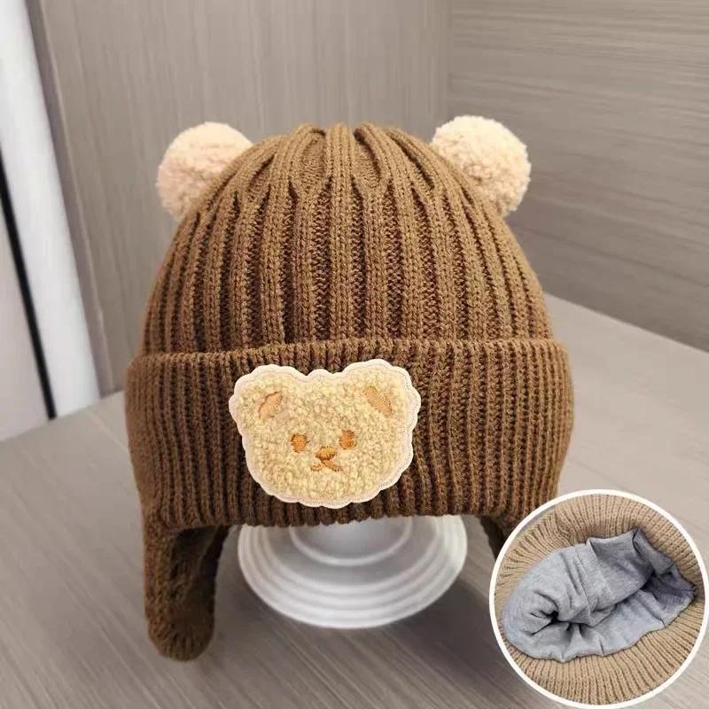 Вязаная детская шапка с ушами, милый помпон с медведем, детская шапка, теплая осенне-зимняя шапка для мальчиков и девочек, защитные шапки-чепчики