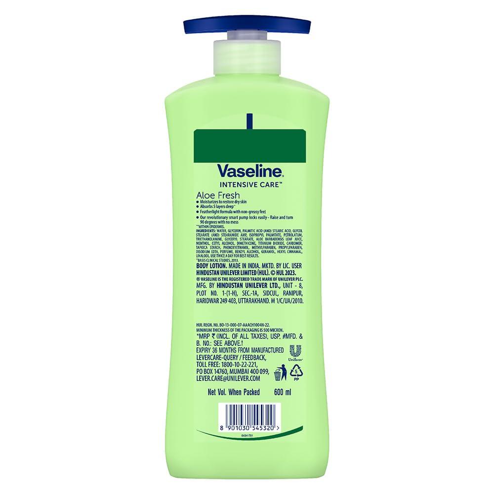 Vaseline Aloe Fresh Body Lotion 600ml Pack of 1 24HR Hydration Non-Sticky Lightweight Skin Moisturiser
