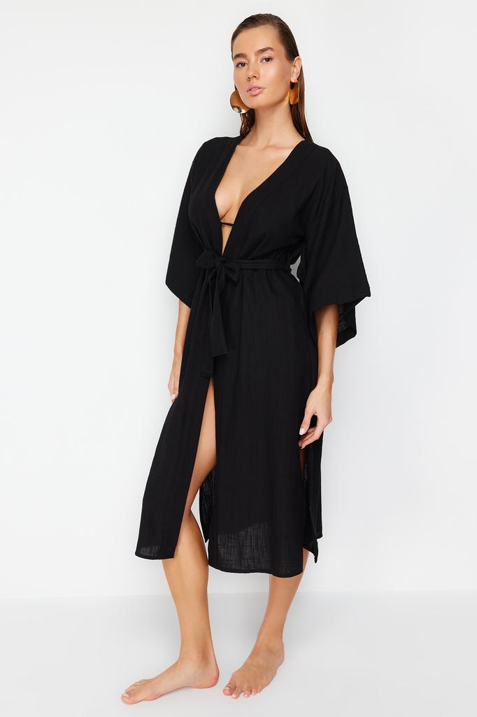 Women's Fashion New Kimono&Kaftan Green Belted Maxi Woven Linen Look KimonoKaftan