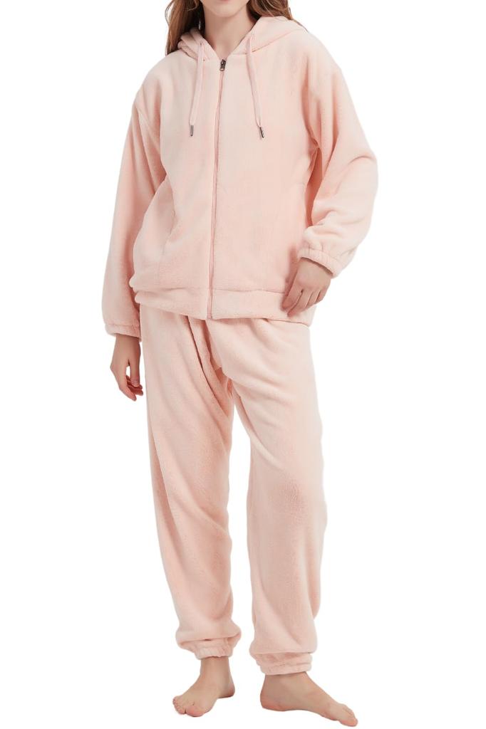 Benke Long Sleeve Comfortable To the and Stylish for Fall and Winter Loungewear Size Women's Pajamas, Touch, Open-Front, Hooded, Thick, Warm, (Pink,