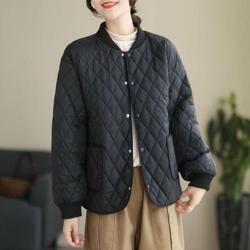 High-End Short Loose Long Sleeve Light Quilted Cotton Jacket Winter Solid Color Cotton-Padded Jacket Casual Plus Size Home Cotton Coat